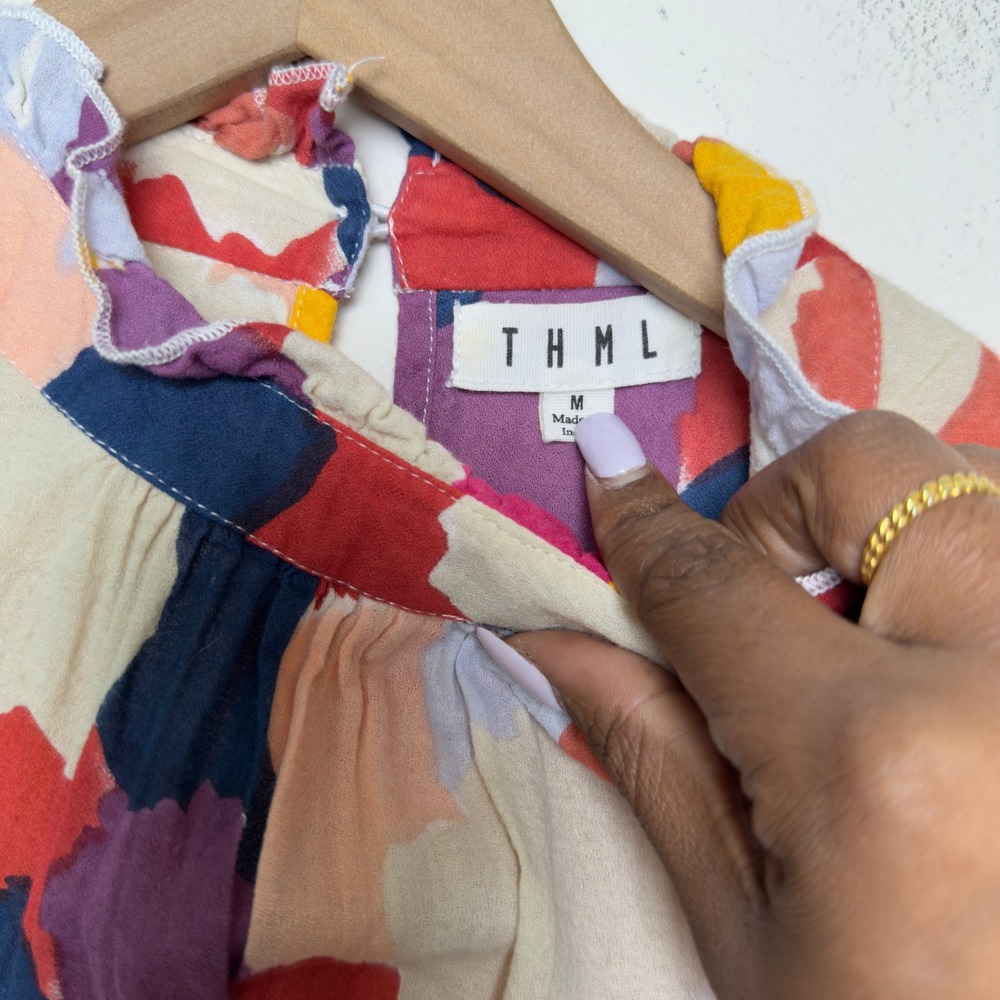 THML Women Top Medium Watercolor Abstract Mabli Art‎ to Wear Cap Sleeve Cotton - Picture 4 of 9